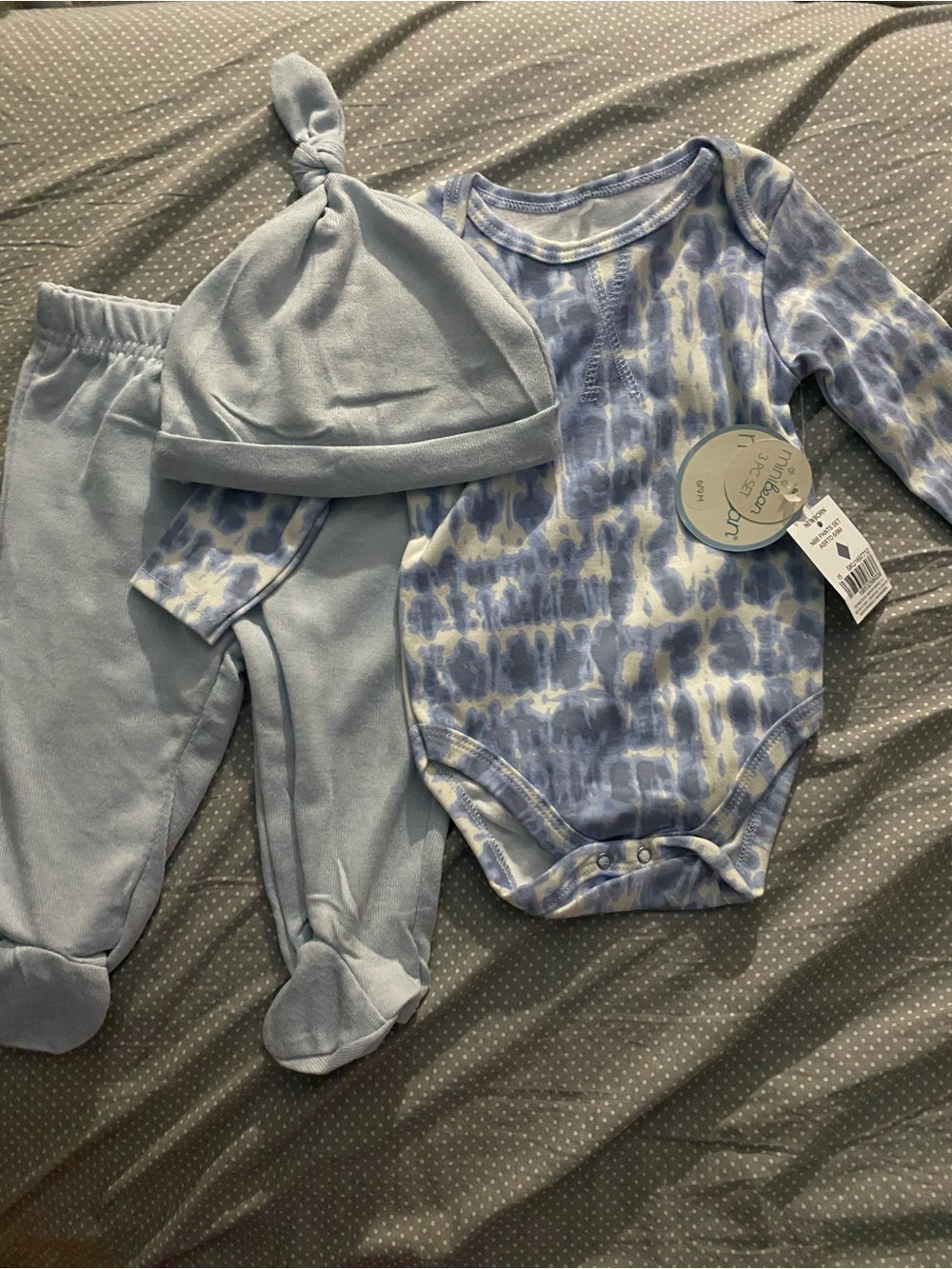 Baby Blue Tie-Dye Long-Sleeve One-Piece Set with Hat and Footed Pants